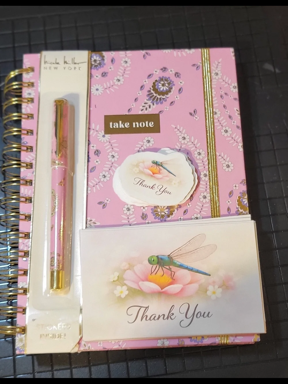 Nicole Miller Pink Floral Notebook & Pen Set Handmade 20 Thank You Cards & Stkrs